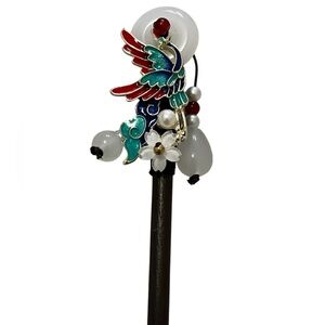 RED AND TURQUOISE ENAMEL CRANE GLASS ART HAIR PIN CHOPSTICK HAIR ACCESSORY